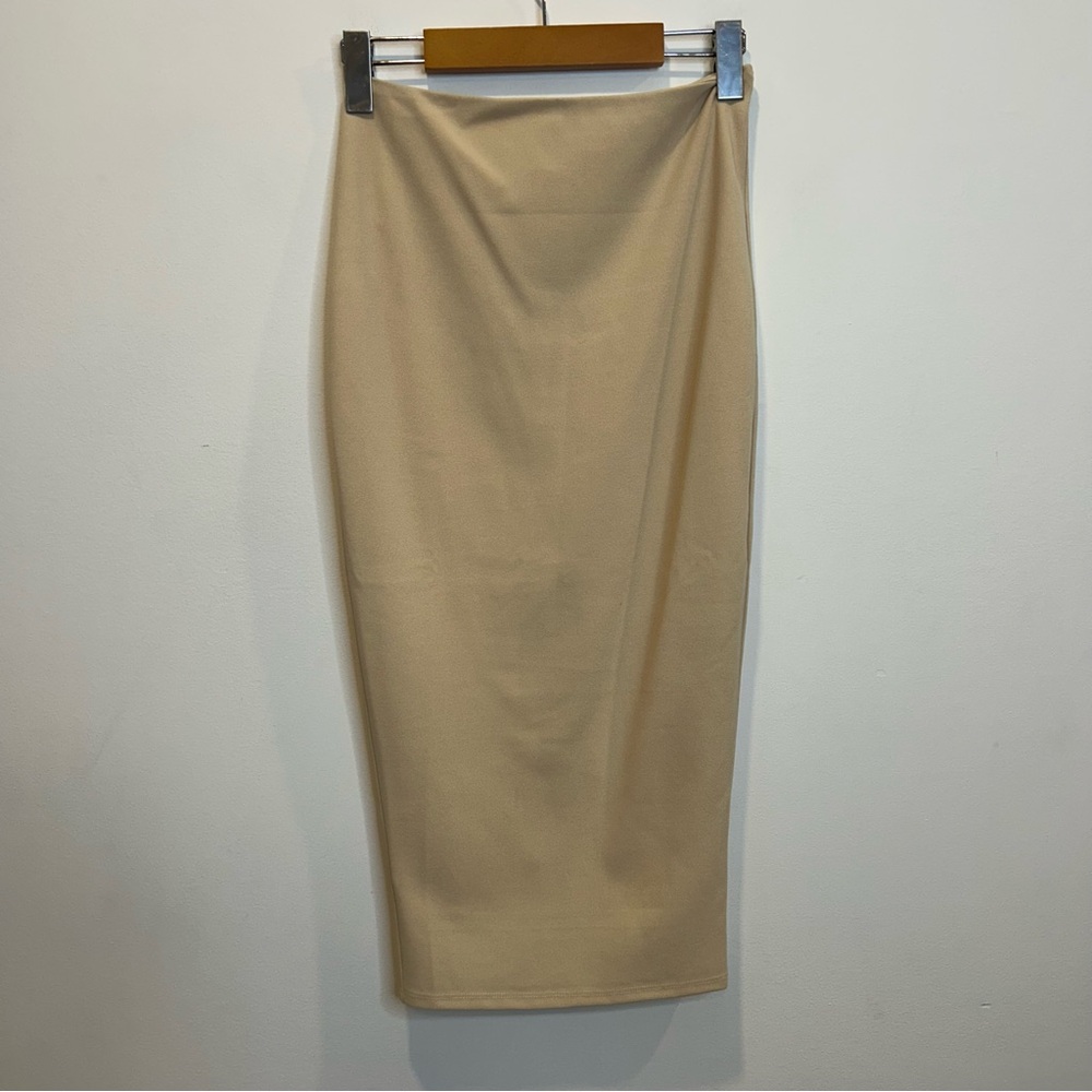 NUDE Body-Con High Waisted Maxi Skirt in Beige Exposed Zipper